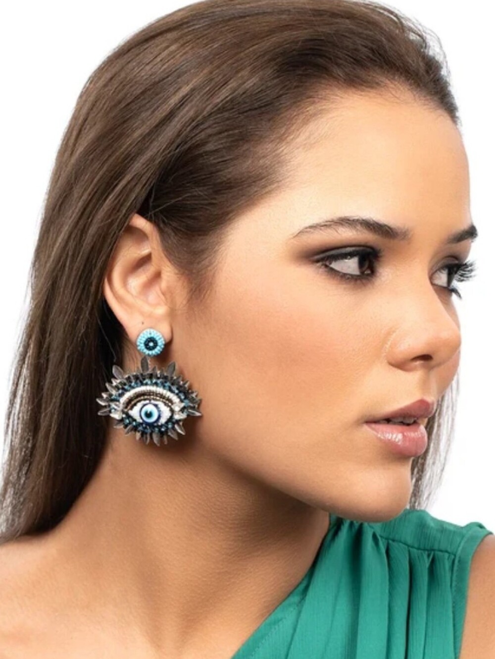 Deepa Gurnani Evil Eye Statement Glass Beads Earrings in Teal and Silver One Sz